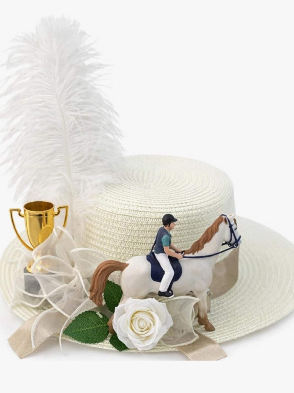 Elegant White Wide-Brim Hat with Horse, Trophy, and Rose Floral Trim - Picture 2 of 3